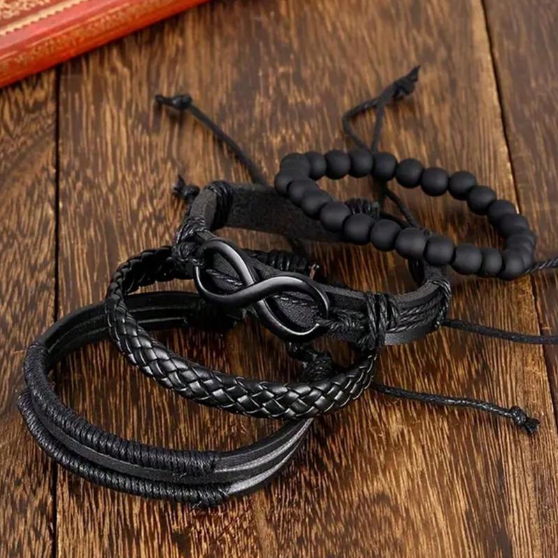 4pcs Casual Vintage Leather Adjustable Bracelet Set, Suitable For Men's Daily Wear, Birthday, Party, Date, Gift