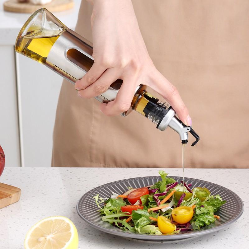 Glass Oil Bottle, Stainless Steel Soy Sauce Bottle, Vinegar Jug, Oil Pourer, Anti-Drip Spout, Non-Stick Oil Bottle, Condiment Container, 300ml*4
