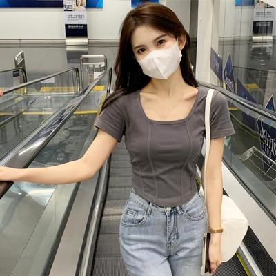 Square Collar T-shirt Women's Summer Korean New Hot Girl Style Design Slim Short Short-sleeved Top