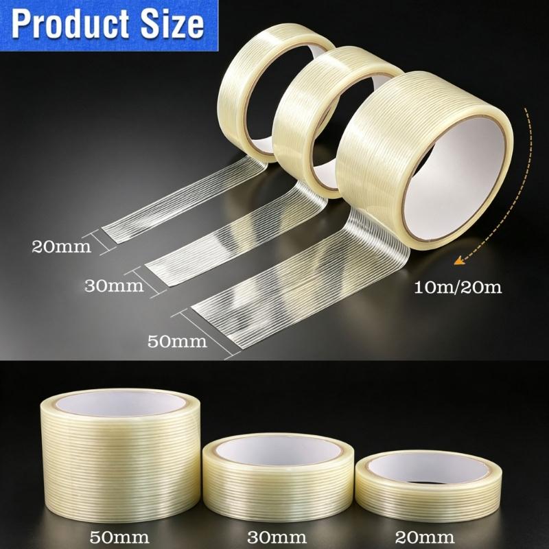 Reinforced Carton Sealing Tape Roll, Clear Glass Fiber Strapping Tape for Moving Use and Warehouse Shipping Daily Tasks