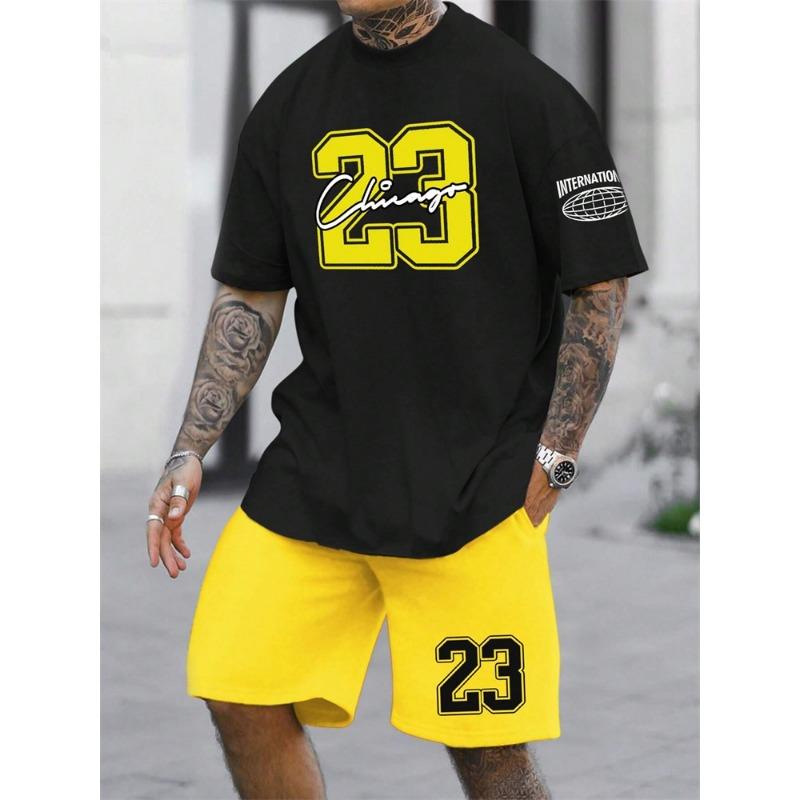 Men's Short Sleeve Shorts 2-Piece Tracksuit Fashion 23 Digital Printed Crewneck T-Shirt and Drawstring Shorts Set
