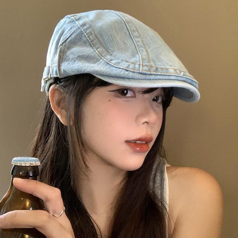 Washed denim forward hat women's spring and autumn retro face small beret wearing a big head circumference hat original style