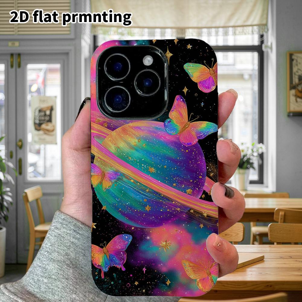 Phone Case: 2D Flat Design Suitable for iPhone 18, 17, 16, 15, 14, 13 Pro Film Protective Case, Couple Style, Rainbow Saturn, Christmas and Halloween 