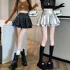 Women's High-Waist Silver Pleated A-Line Skirt with Built-In Shorts - Petite Fit, Leather, Autumn Style
