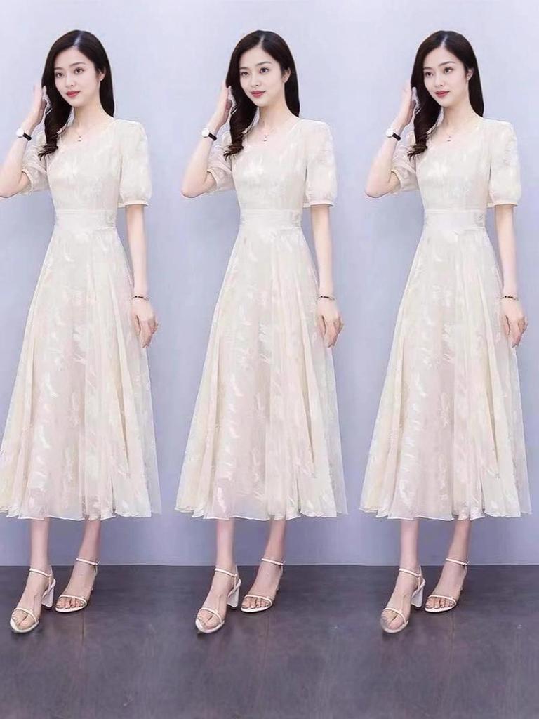 Vestido de Gasa Nuevo de Verano para Niñas, Estilo Francés Maxi Vestido con Mangas Abullonadas para Adelgazar la Cintura