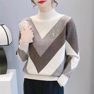 New Sweater Women Autumn Winter Thicken Color Blocked Half Turtleneck  Pullover Sweater Female Loose Casual Knitted Jumper