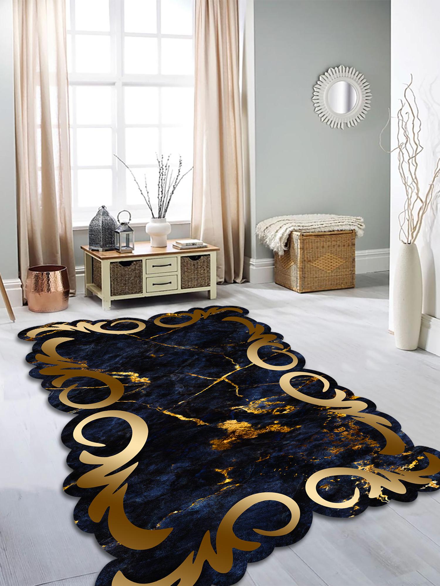 

EPeddler Home Сучасний темно-блакитний золотистий мармуровий візерунок з цифровим друком, миється нековзка шкіряна основа Килим нового покоління для кухні, вітальні та коридору 50 x 80