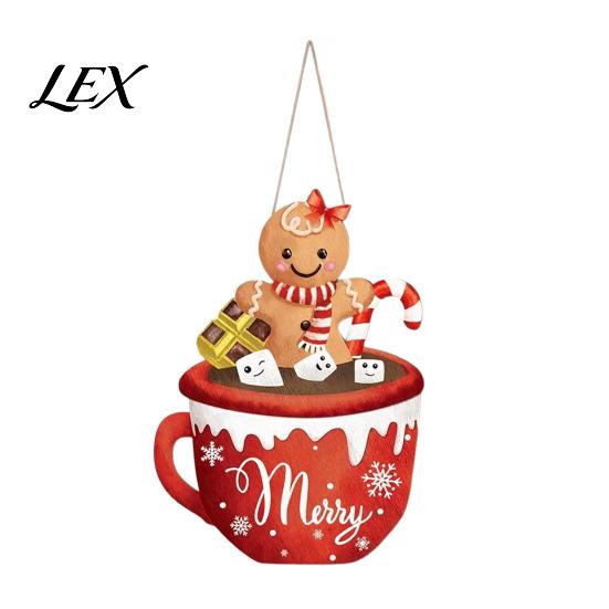 Christmas Party Theme Decor Wooden Hanging Sign, Cute Gingerbread Man Hot Cocoa Mug Welcome Door Seasonal Sign Holiday Hanger for Indoor Outdoor Front