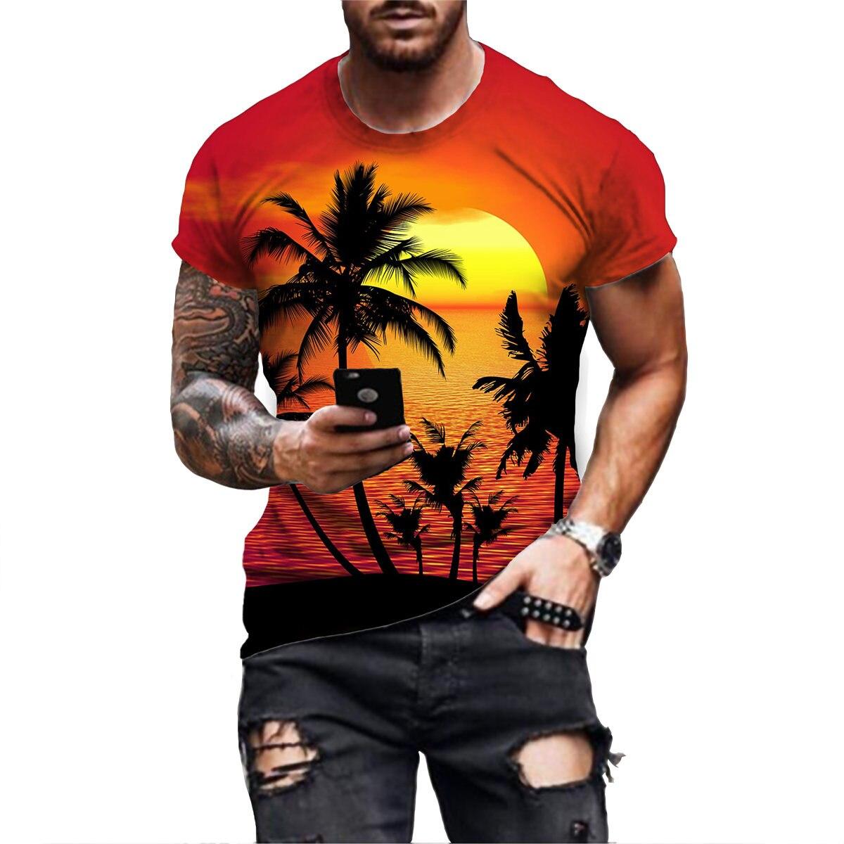 

Лето свободная сотня с короткими рукавами гавайские пляжные пальмы мужчины мода с принтом с круглым вырезом футболка