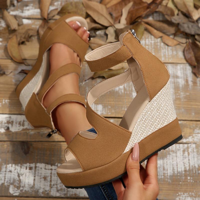 New large size women's shoes, fish mouth women's sandals, wedge heel sandals, zipper high heel sandals after outer wear