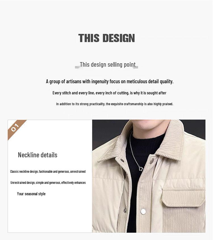 Men's Lightweight Warm Lapel Down Jacket, Winter 2025 White Duck Down Shirt Outerwear