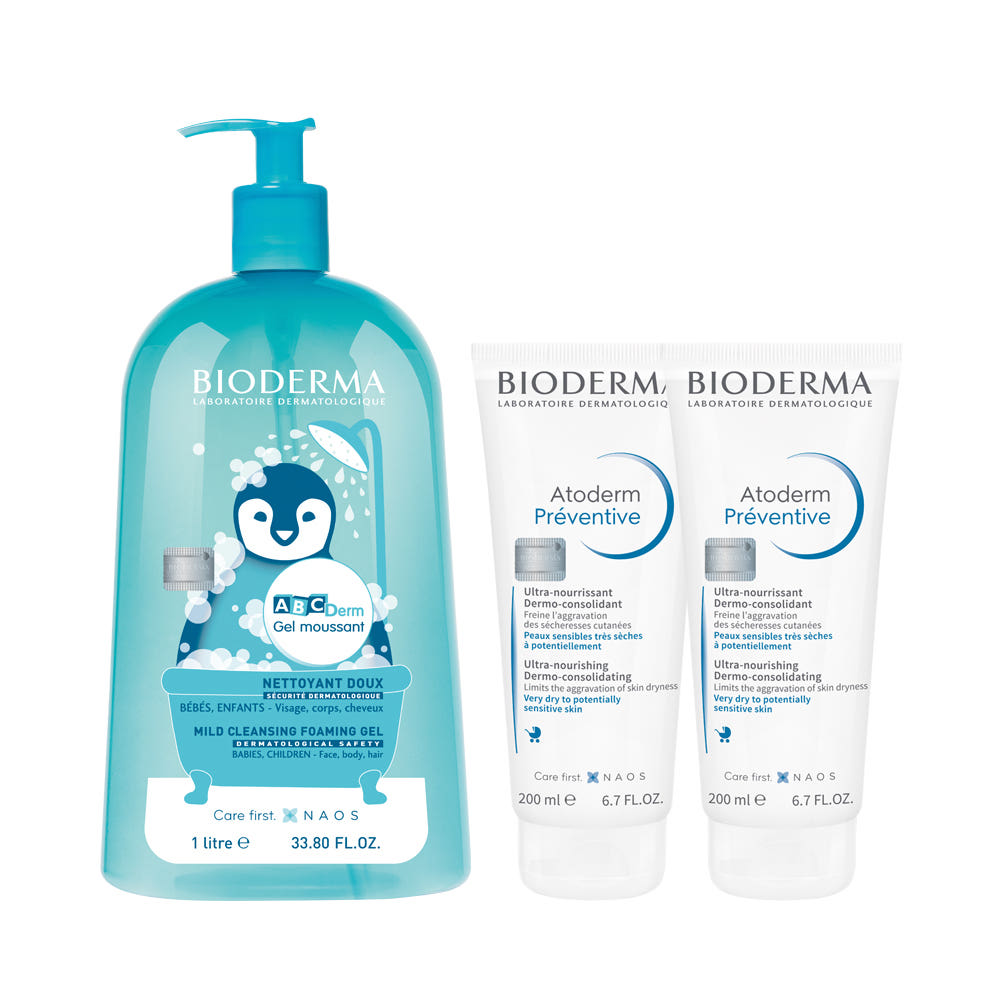 [Bioderma] ABCDerm Gentle Cleansing Gel 1L + Atoderm Preventive 200ml (Free Gift)