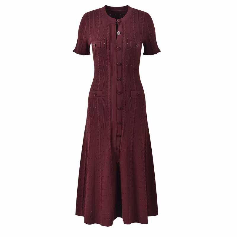 

European and American Fashion Casual Loose Short sleeve Knitted dress Knitted Single Breasted Dress Burgundy L