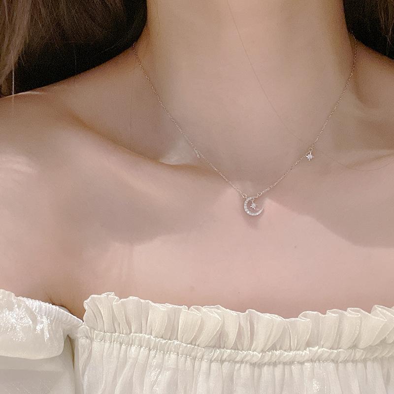 New 925 Sterling Silver Necklace Moon Star Shape Woman Pendant Simple Style Charm Choker Birthday Gift Exquisite Jewelry