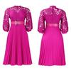 Women Plus Size Fashion Sexy Lace Crochet Hollow Out Pleated Midi Dress