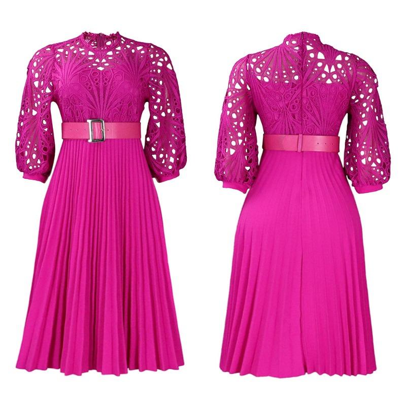 Women Plus Size Fashion Sexy Lace Crochet Hollow Out Pleated Midi Dress