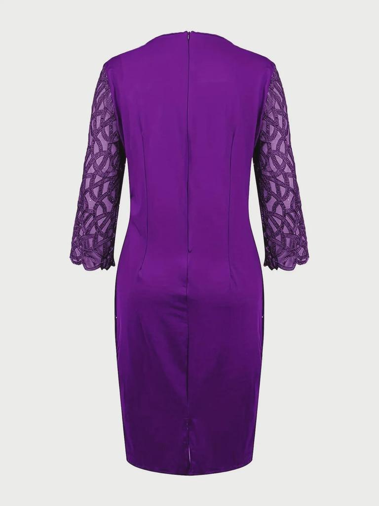 Women's European & American Round Neck Shiny Slim Party Dress with Mesh Three-Quarter Sleeves