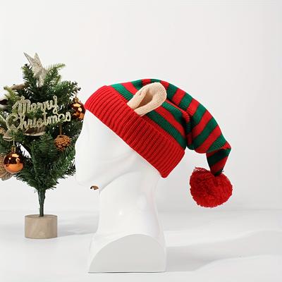 New Winter Striped Christmas Hat with Small Ears and Embroidered Balls, Warm Thick Windproof, Holiday Headwear, Seasonal Fashion