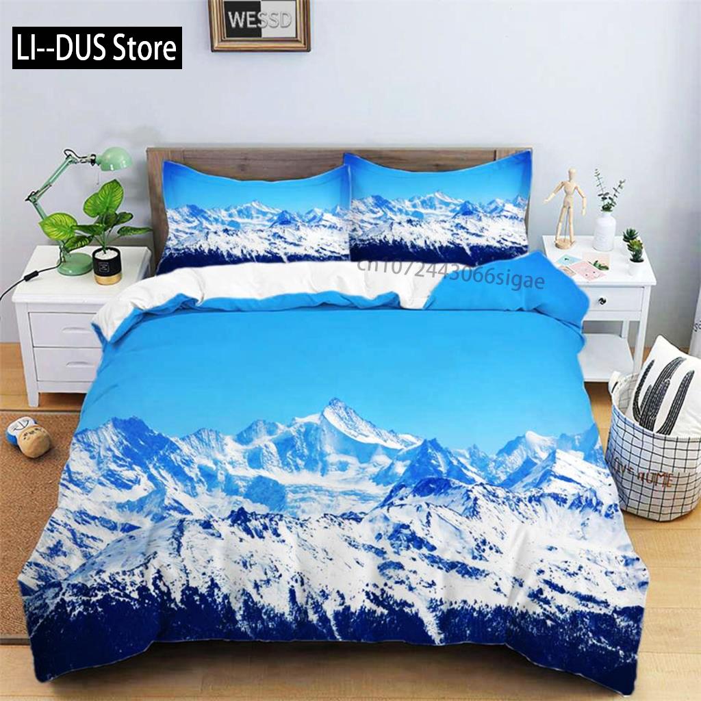Snow Mountain Duvet Cover Set Polyester 3D Landscape Bedding Set For Teens Adults Ski Slope Winter Theme Queen Comforter Cover