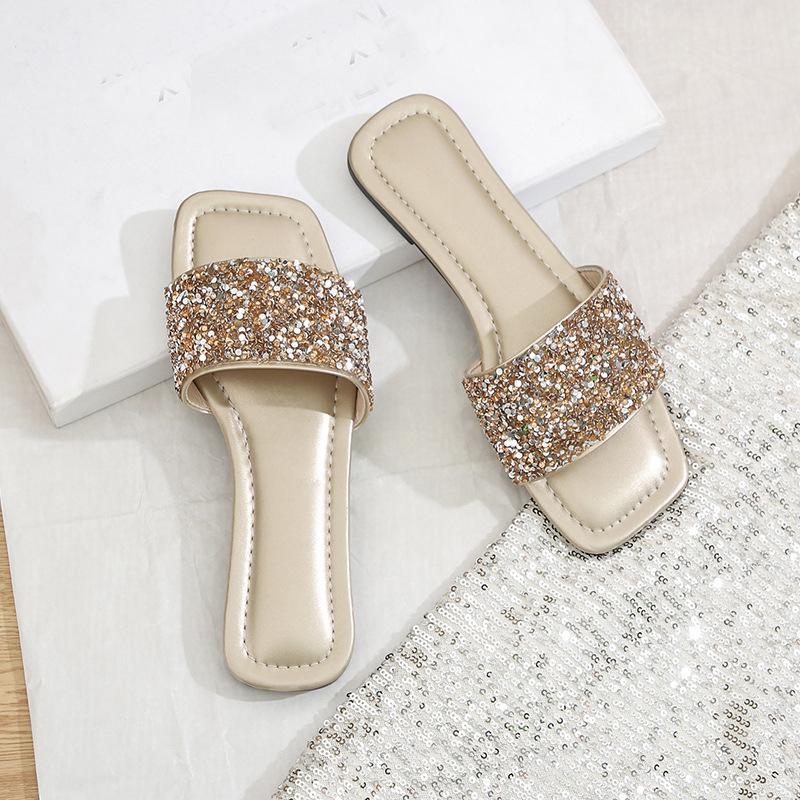 2024 Summer New Sequin Flat Soft Sole Comfortable Casual Women's Slippers Classic Outdoor Shopping Slippers Large 36-43