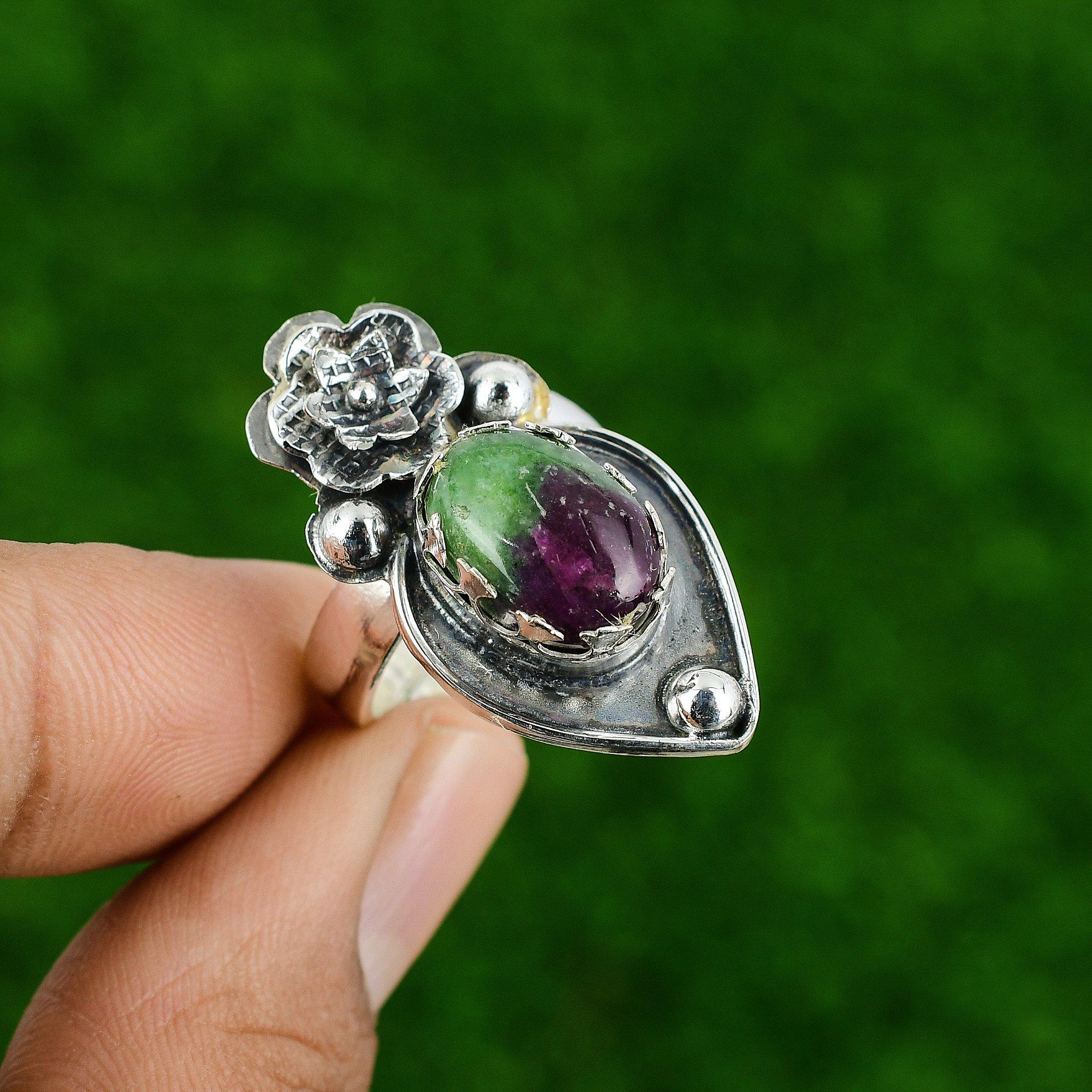 

Natural Ruby Zoisite Statement Flower Adjustable Ring 925 Silver For Women Adjustable