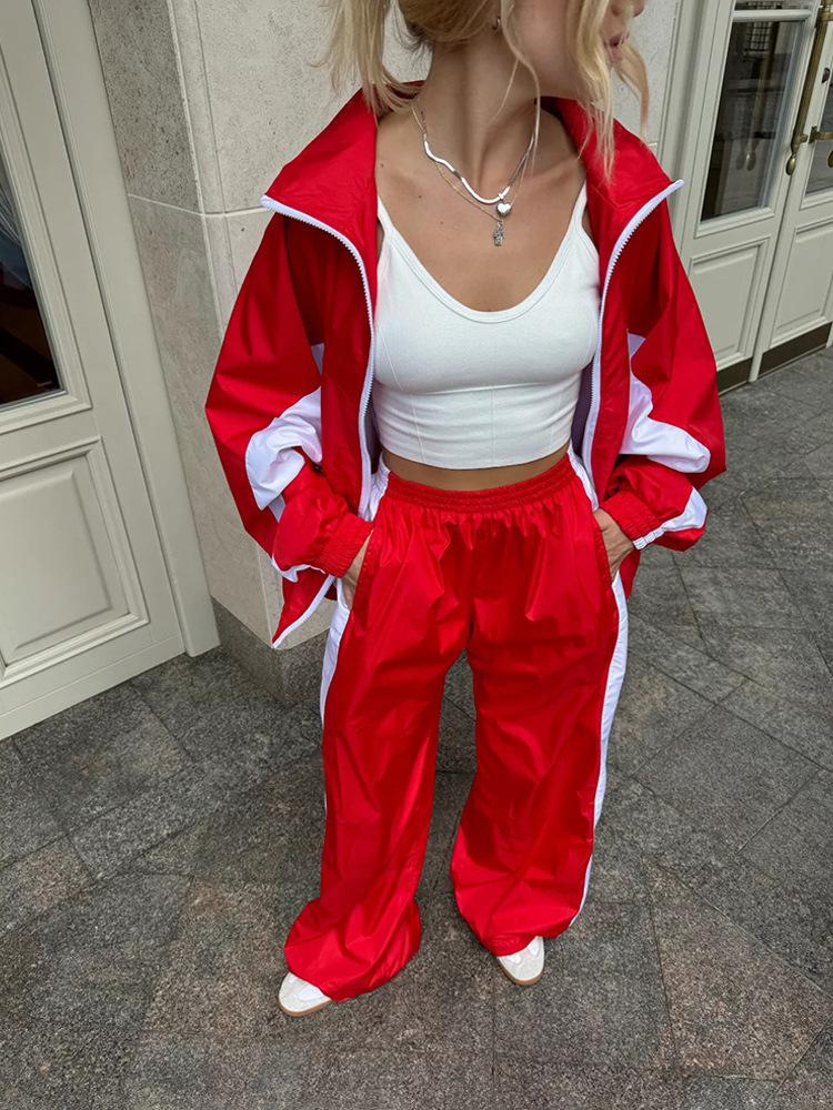 Women's Sporty Zip Up Track Jacket and Wide Leg Pants Set In Pink with Side Stripes