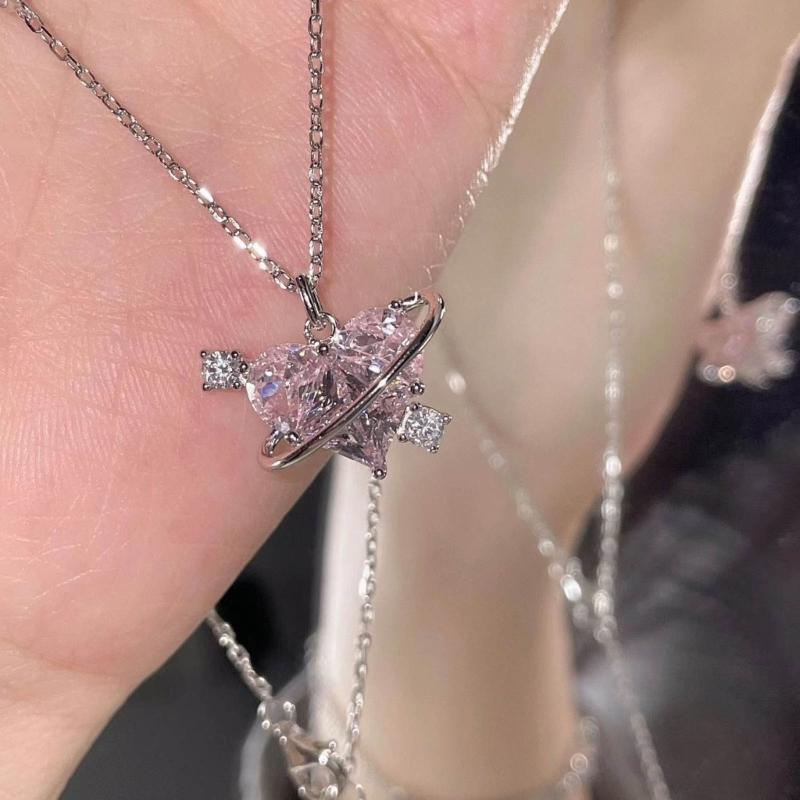 Fashion Pink Sweet Heart Zircon Necklace Women Aesthetic Clavicle Chain Necklace Valentines Day Gift Party Jewelry