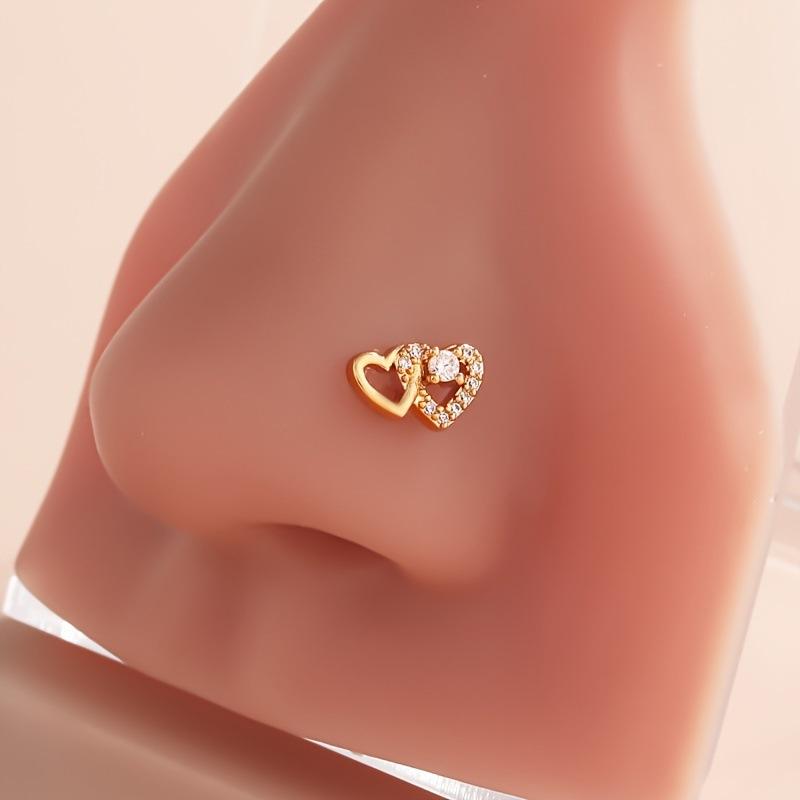 Gold L-Stab Nasenpiercing Nasenring Vollbesetzt mit Diamanten Herz zu Herz Zirkonia Nasenpiercing Schmuck Nasenring 20G
