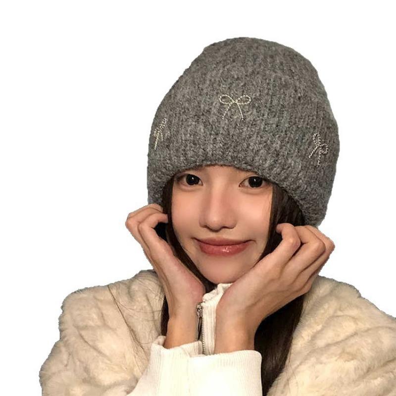 Fashion versatile big head circumference knitted wool hat winter hat women's bow sweet ear protection warm hat
