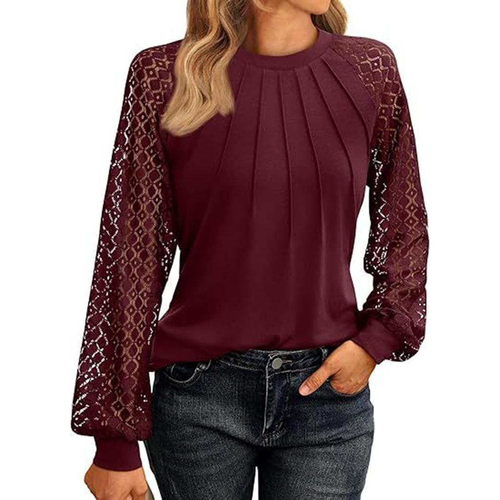 Women's Fashionable Long Sleeve Tops Lace Ruched T-Shirt Solid Round Neck Blouses Casual Top
