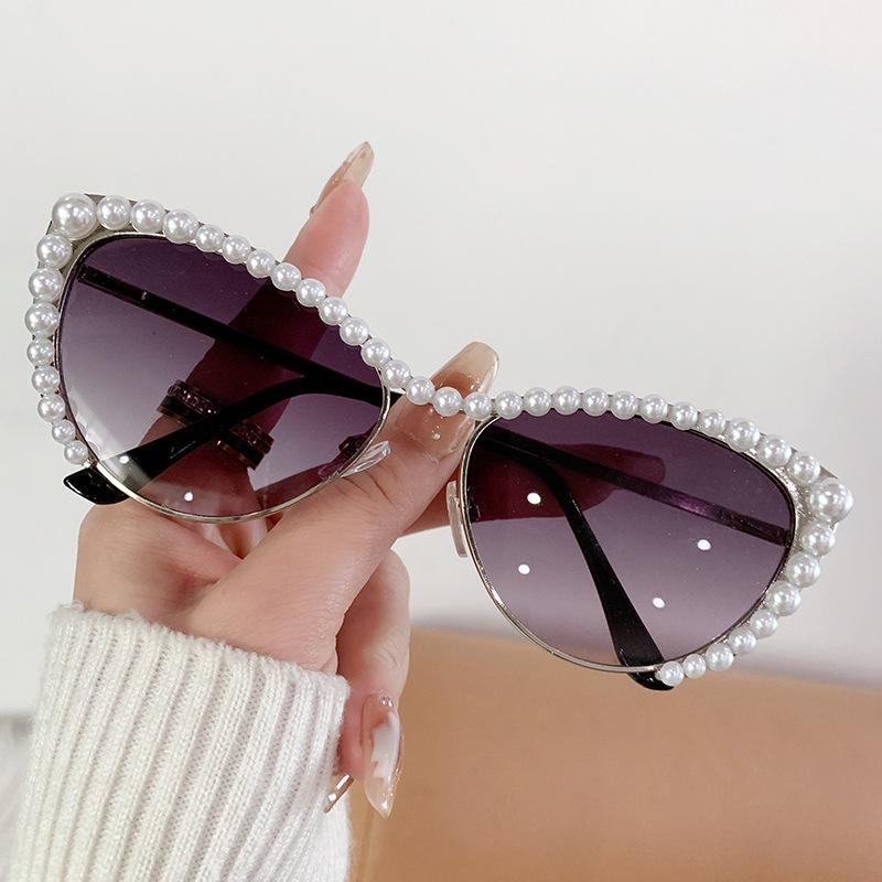 Diamond-Set Pearl Cat'S Eye Large Frame Sunglasses Women'S Metal Frame Sunglasses Glasses