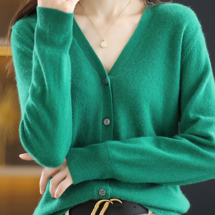 Palton cardigan tricotat din lână, cu decolteu în V, de toamnă și iarnă, de culoare solidă