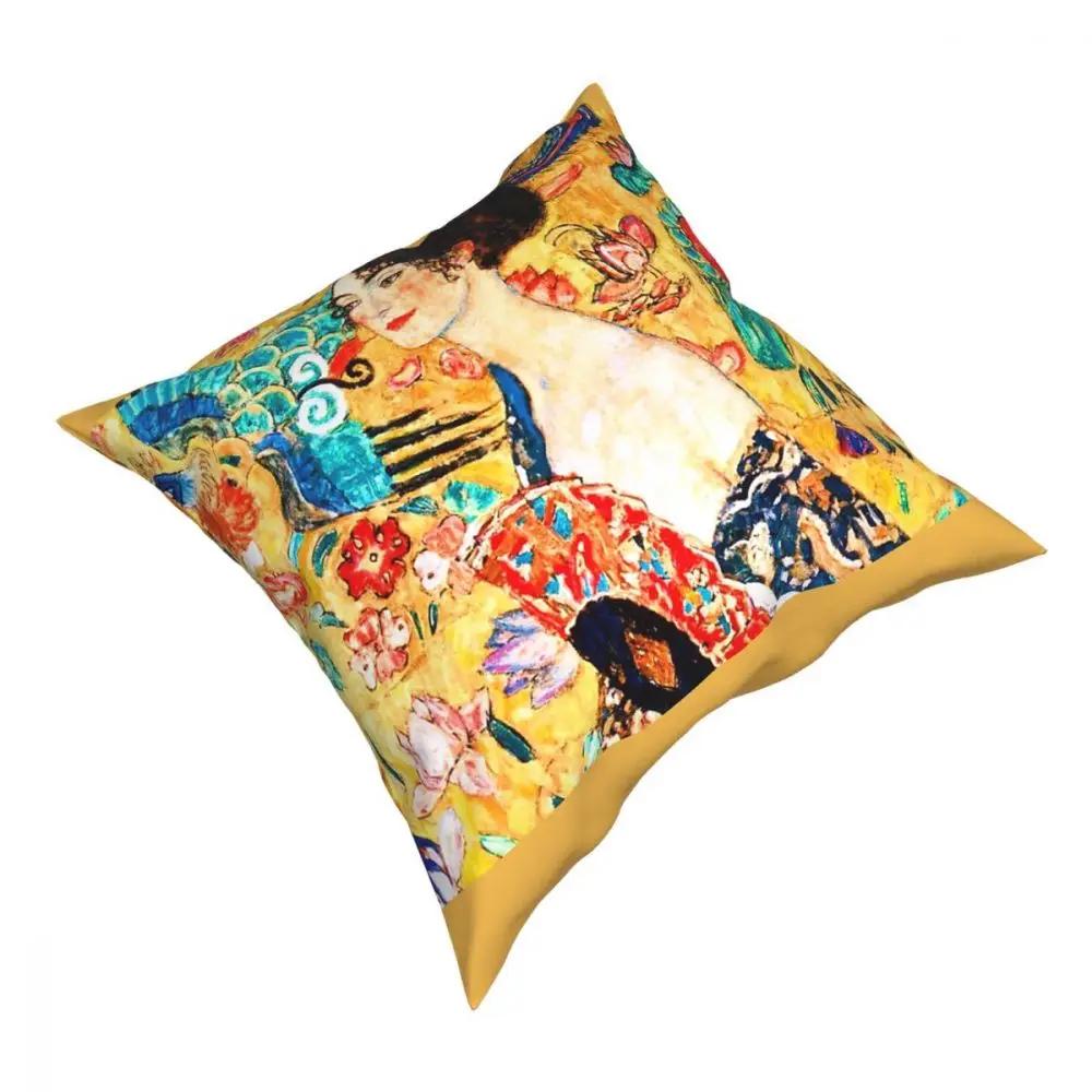 Gustav Klimt Lady With Fan Square Pillow Case Polyester Throw Pillow Fashion Cushion Covers