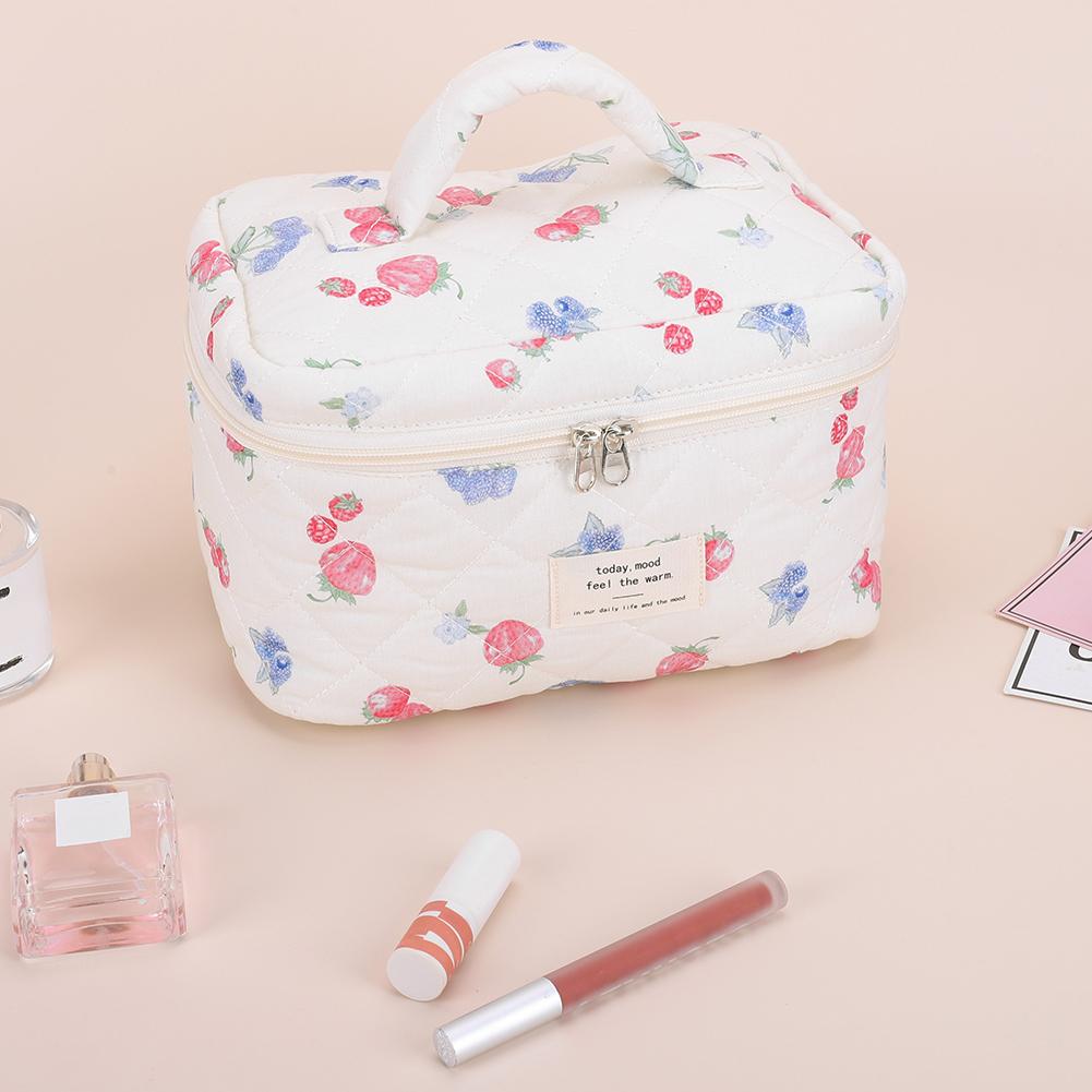 3Pcs Cute Quilted Cosmetic Bag Large Capacity Adorable Padding Skincare Pouch Strawberry Print Bathroom Shower Travel Bag