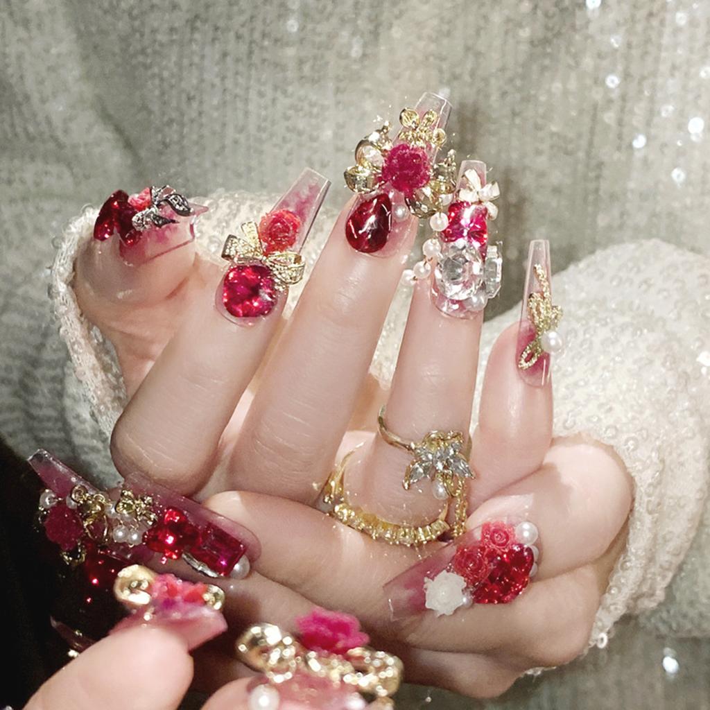 24pcs Glossy Rose Pink Press On Nails With 3D Flower Heart Bowknot Charms For New Year False Nail Tips