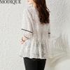 MODIQUE Summer Plus Size Summer Women T-Shirt Casual Loose V-Neck Lace Cotton Linen Tees Short Sleeve Elegant Lady Big Size