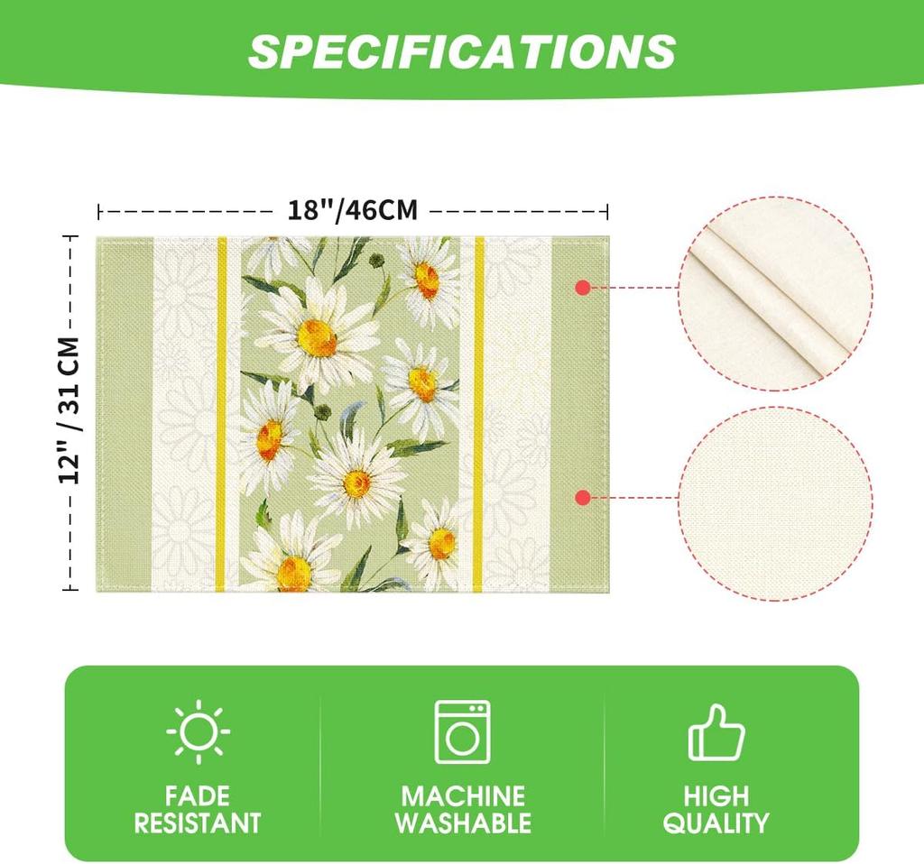 Eucalyptus Leaves Daisy Vase Placemats for Dining Table, 12 X 18 Inch Spring Easter Summer Seasonal Table Mats Set of 4 Green
