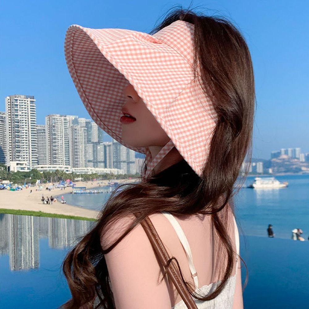 Plaid Print Large Brim Sun Hat Foldable Breathable Sun Protection Hats Pastoral Style Anti-UV Summer Fisherman Cap Travel