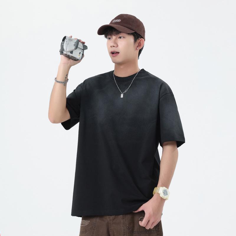 Men's Trendy Distressed Washed Short Sleeve T-Shirt - Loose Fit, Drop Shoulder, Ideal for Summer and Couples