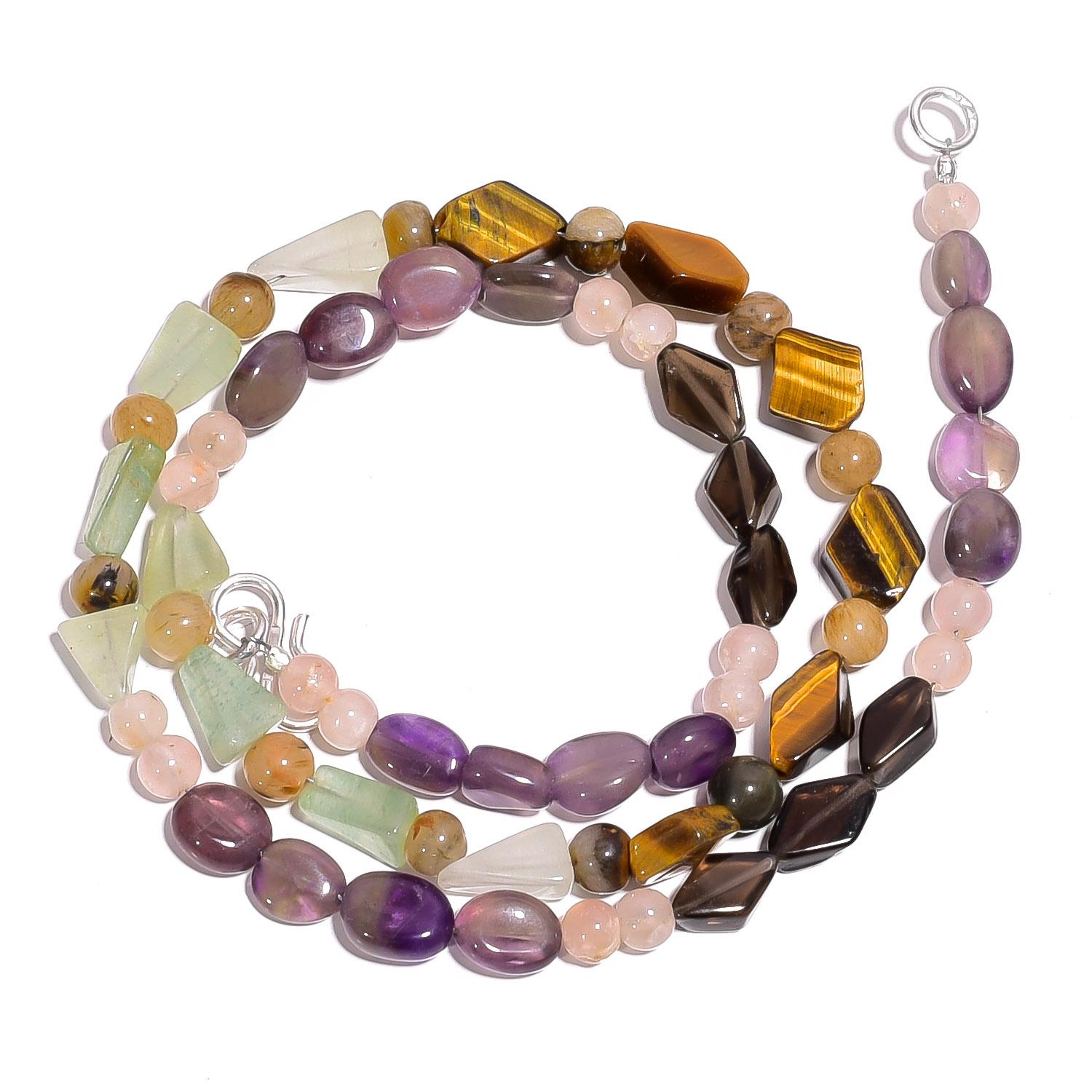 

Natural Tiger Eye Rose & Smoky Quartz Gemstone Smooth Beads Necklace 17 UB-4175 UB-4175