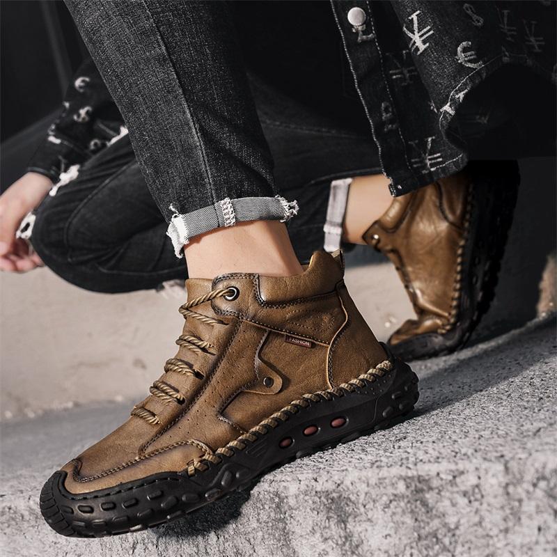 Men's High-top Casual Sneakers Handmade Leather Shoes Plus Size 39-48 Spring & Autumn