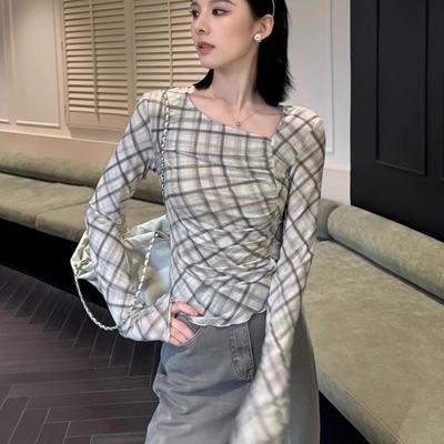 Französischer Stil Kariertes Netz-Langarm-T-Shirt Damen Sommer Dünn Slim Fit Designte Nische Sonnenschutz Cover-up High-End Top