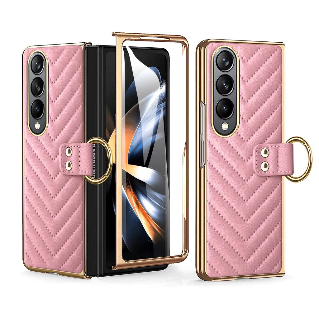 Elegant Plating Leather Ring Bracket for Samsung Galaxy Z Fold 6 5 4 3 Magnetic Case with Tempered Film Folding Shockproof Cover