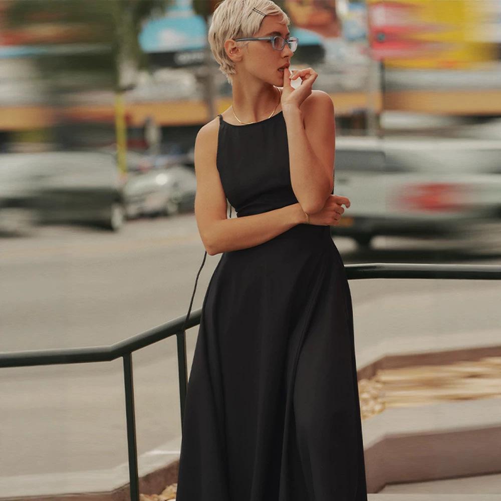 Real Shot Foreign Trade Summer New Fashion Long Dress Women's Clothing Lace-up Solid Color Waist Backless Suspender Dress