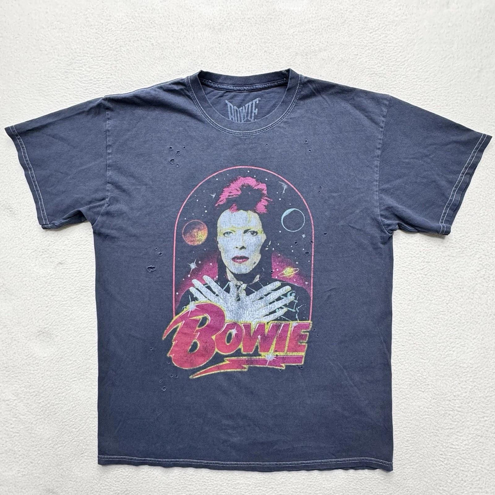 David Bowie Size M/L Blue Distressed Short Sleeve T-Shirt by Goodie Two Sleeves M
