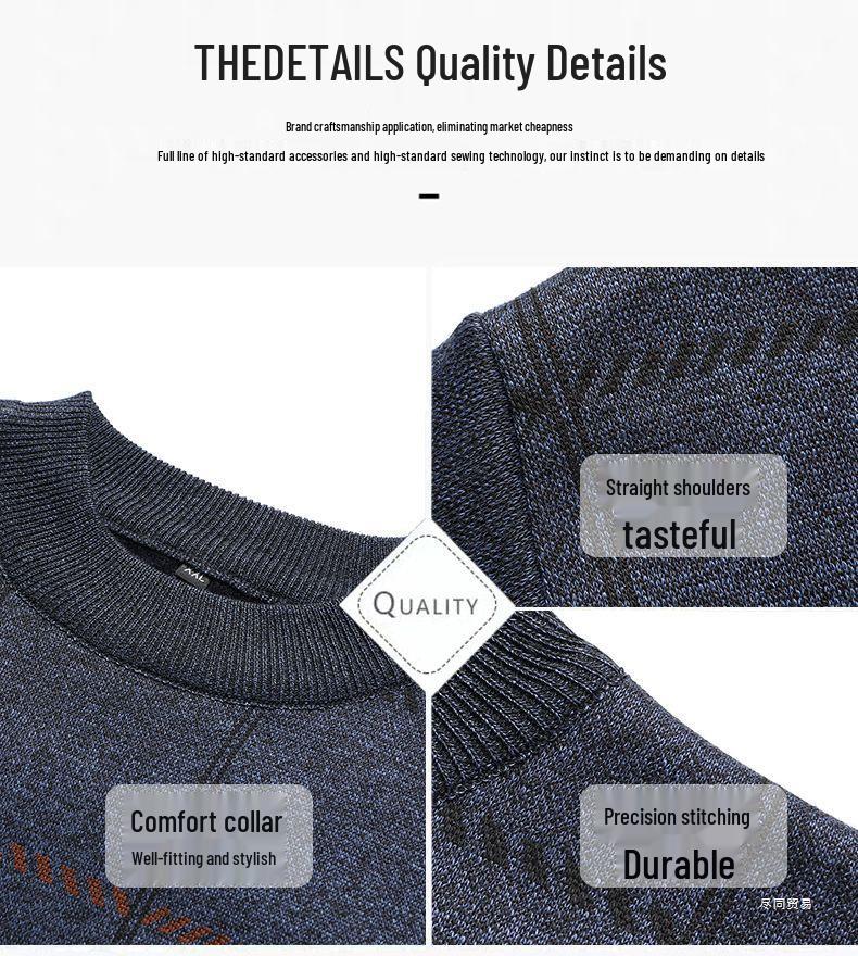 Dad's Warm Plaid Sweater for Middle-Aged & Elderly Men 50s 60s - Plus Velvet, Thick, Round Neck, Autumn & Winter Base Layer.