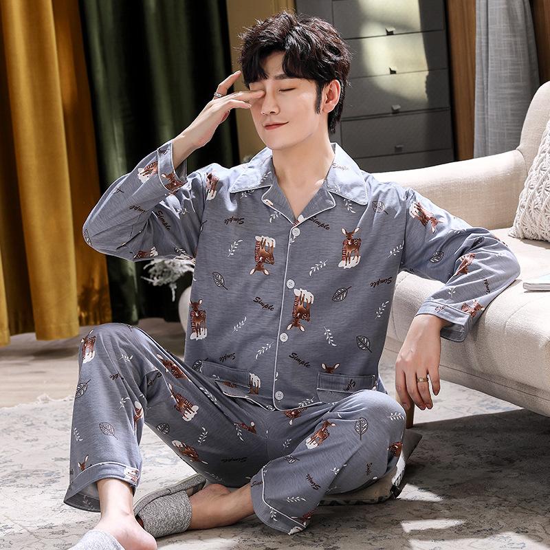 Pijama Erkek Uzun Kollu Pamuklu İlkbahar ve Sonbahar Pijamaları Erkekler için Sonbahar ve Kış Gençlik ve Orta Yaşlı İnce Yazlık Ev Giyimi Takım Elbiseler