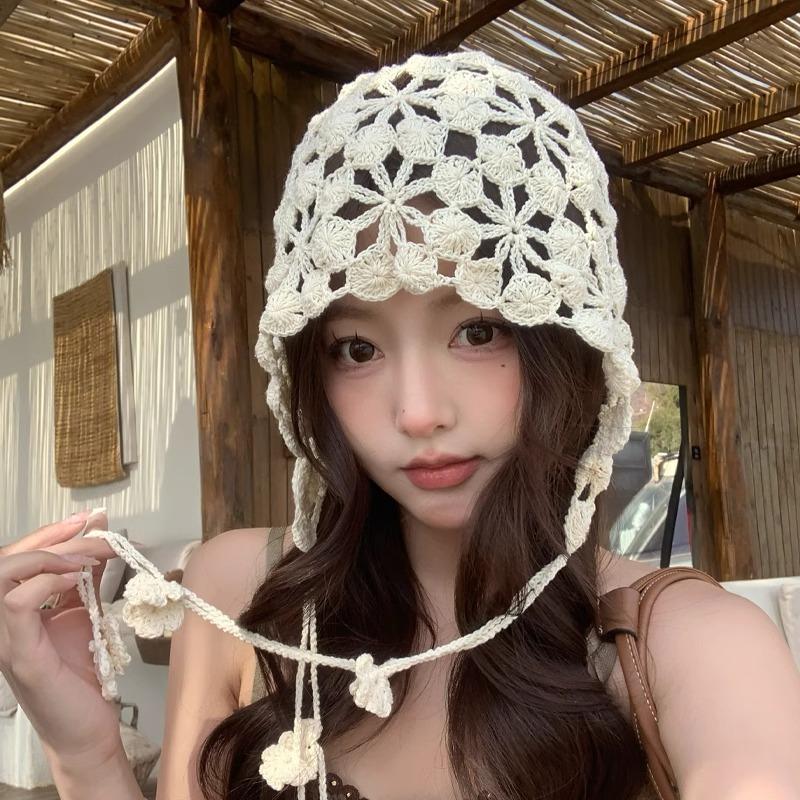 Autumn and Winter New Hand-crocheted Knitted Hat Children's Hollow Flower Pile Hat Sweet and Cute Fringed Headhat