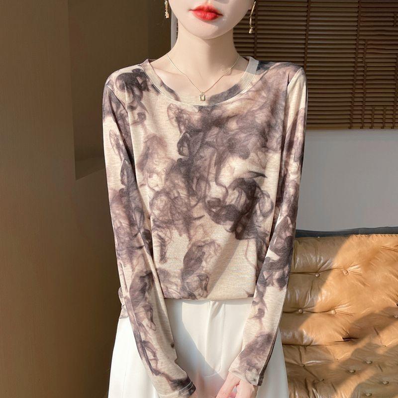 Women's Summer Knitwear Thin Print Pullover Knit Top Long Sleeve Sweater