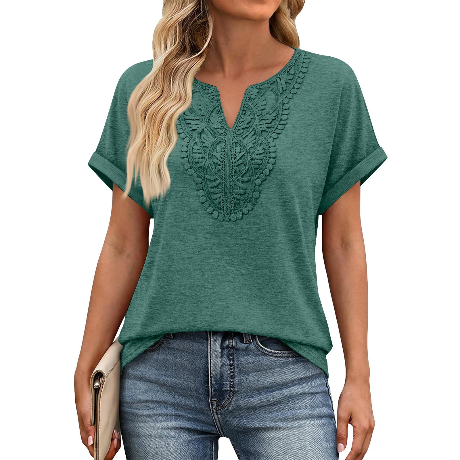 

Women V Neck Short Sleeve Top with Embroidered Front Casual Loose Fit Bohemian Style Lightweight Summer Shirt Blouse M